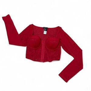 Sincerely Jules Red lace corset crop top sexy, hook closure, mesh long sleeves